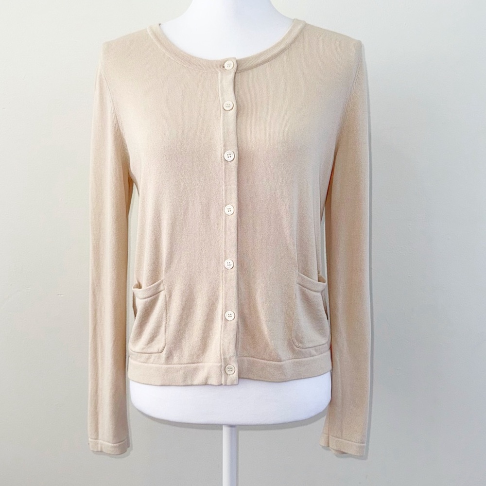 WEEKEND MAXMARA BEIGE TAN KNIT CREWNECK BUTTON UP SWEATER CARDIGAN